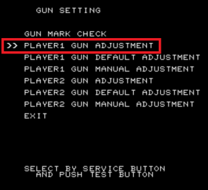 M2 Gun setting menu with PLAYER1 GUN ADJUSTMENT highlighted