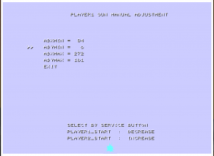 PLAYER1 GUN MANUAL ADJUSTMENT menu with ADYMIN selected and gun mark on centre bottom of screen