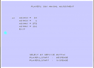 PLAYER1 GUN MANUAL ADJUSTMENT menu with ADXMIN selected and gun mark on centre left of screen