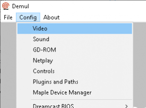 DEmul "Config" menu item with "Video" highlighted